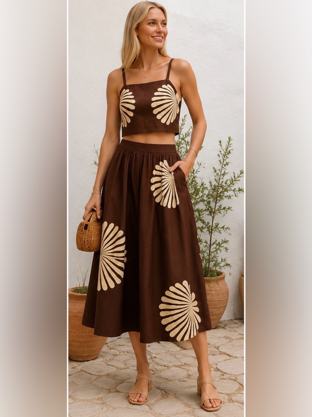 Japna Brown Shell Print Two-Piece Set Smocked Crop Top Midi Skirt Medium NWT